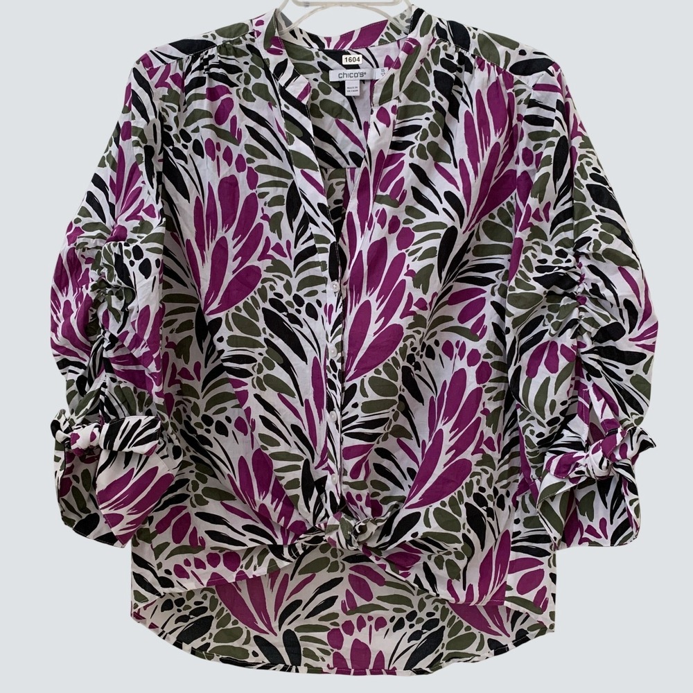 Chico's Blouse‎ Women 1.5 US 10 Multicolor Abstract Floral Tie Front Cotton Top